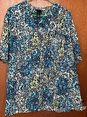 Maggie Barnes Navy Floral Button-Front Top with Blue & Cream Accents